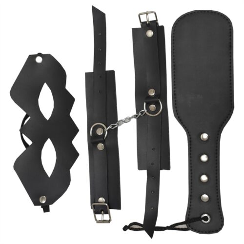 Kit de cuero Esposas + Antifaz + Fusta Negro